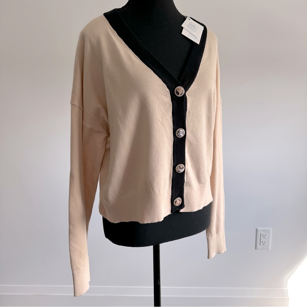 NWT Sz S By Egreis Oversized Cardigan, Waist Crop, Velvet Buttons, Cream & Black